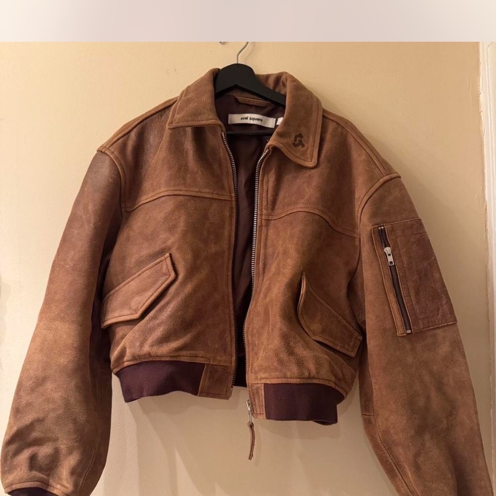 Oval square oversized Brown Leather Jacket